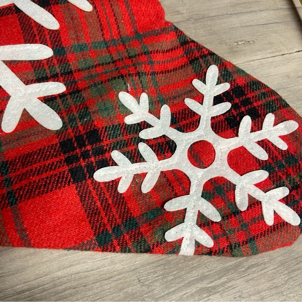 Christmas Stockings Set of 2 Red Gray Fuzzy Top Snowflake Pattern Hanging Plaid - Picture 5 of 10
